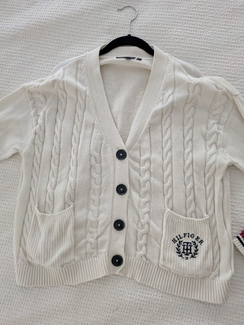 Tommy Hilfiger Cream Cable-Knit Button Cardigan with Navy Details 100% Cotton